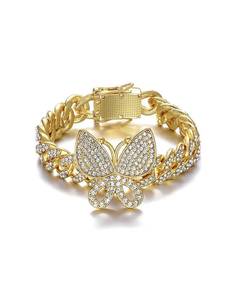 lot 53E image: Cuban Link Butterfly Bracelet with Cubic Zirconia, Gold Tone - Brand New