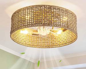 lot 373 image: 20 Inch Boho Rattan Ceiling Fan with Light, Remote Controlled - Brand New B
