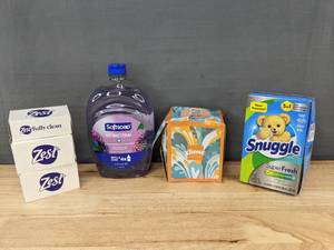 lot 384 image: Household Essentials Zest Soap, Softsoap, Kleenex, Snuggle - Brand New