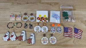 lot 503 image: 13 Pairs Novelty Pierced Earrings Rhinestones, Education, Halloween, Etc. - Brand New