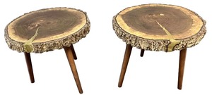 lot 022 image: Walnut with Brass Metal Epoxy Side Tables (20D X 18.5 Tall)