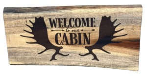 lot 028 image: Spalted Tiger Wood Welcome To Our Cabin Sign (19 58 X 9.5 X 34 thick)
