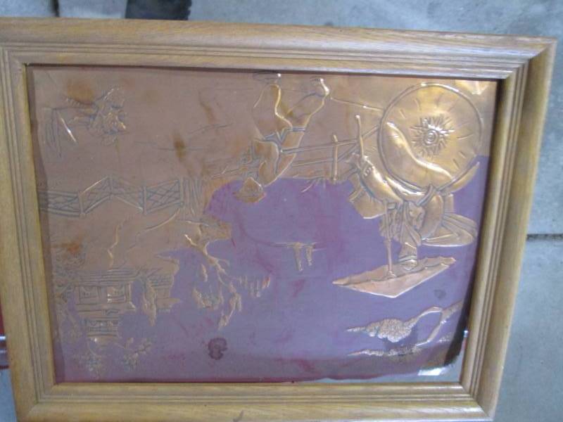 lot 295 image: Vintage Framed Asian Scene Copper Plaque Wall Art