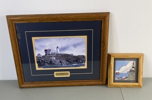 lot 93 image: Framed Lighthouse Artwork, 2 Pieces - Nubble Light by Doug Brega & Nautical Print