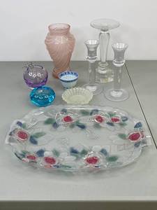 lot 350 image: Assorted Home Decor Lot with Decorative Platter and Candle Sticks