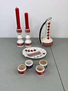 lot 356 image: Ukrainian Decor Lot Vase, Candlesticks, Napkin Rings, Dish