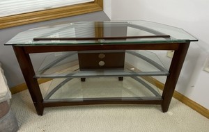 lot 100 image: Wood and Glass TV Stand, 46in W x 17in D x 22in H