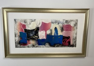 lot 20A image: Laszlo Dus Vonat Mixed Media Collage, Signed 1987, Framed, 17 x 38