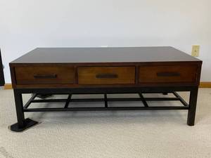 lot 105 image: Large Wood and Metal Coffee Table with Drawers, 48 x 28 x 18 Inches