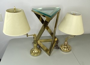 lot 109 image: Brass End Table with Glass Top and Pair of Brass-Colored Lamps