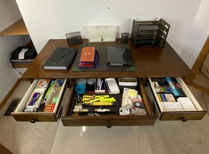lot 130 image: Ashley Furniture Wood Office Desk with Office Supplies