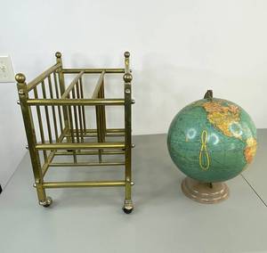 lot 131 image: Vintage Crams Universal 10.5 Inch Globe and Brass Magazine Rack on Casters