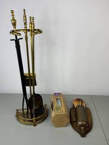 lot 156 image: Fireplace Tool Set, Vintage Match Holder, Northern Lights Fire Color Sticks