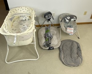 lot 353 image: Baby Gear Lot Bassinet, Bouncer, Swing, and Winter Car Seat Cover
