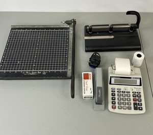 lot 417 image: Office Supply Lot Paper Cutter, 3-Hole Punch, Canon Calculator, Stapler, Staples