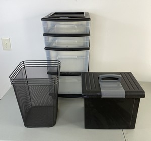 lot 419 image: Office Storage Lot 4-Drawer Plastic Organizer, Mesh Wastebasket, File Box