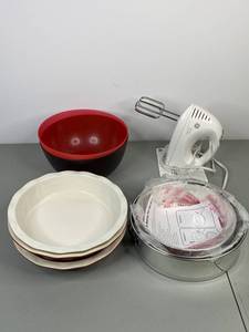 lot 434 image: Assorted Baking Lot - GE Hand Mixer, Pie Tins, Springform Pans, Mixing Bowls