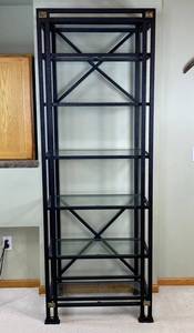 lot 16 image: Metal Framed Shelf with Glass Shelving, 28x15x79.5 Inches