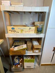 lot 50 image: Hand tool lot - shelf with assorted nails, screws, Romex, electrical blocks, rags