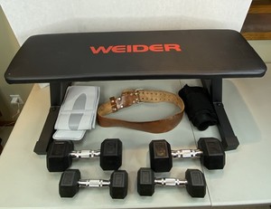 lot 55 image: Weider Weight Bench, Dumbbells, XL Leather Weight Belt, Support Belts