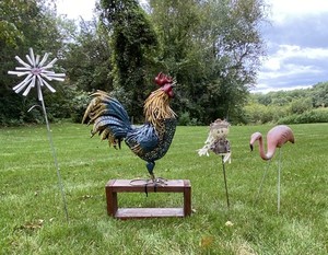 lot 247 image: Metal Rooster and Assorted Lawn Ornaments