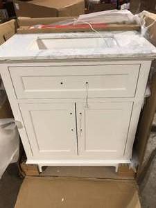 lot 3 image: Home Decorators Collection Doveton 30 in. Single Sink Freestanding White Bath Vanity with White Engineered Marble Top (Assembled) Granite Broken  Customer Returns See Pictures
