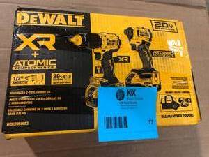 lot 17 image: DEWALT 20V MAX XR Hammer Drill and ATOMIC Impact Driver 2 Tool Cordless Combo Kit with (2) 4.0Ah Batteries, Charger, and Bag  Customer Returns See Pictures