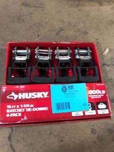lot 51 image: Husky 16 ft. 1.25 in. Ratchet Tie-Down Straps with S-Hook (4-Pack) customer Return see pictures