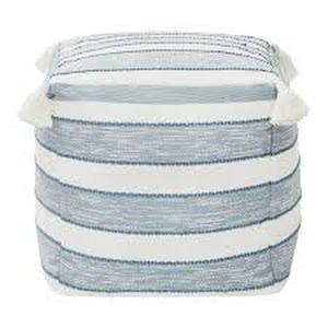 lot 42 image: Hampton Bay 18 in. x 18 in. x 18 in. White and Blue Square Outdoor Pouf with Tassel Customer Returns See Pictures