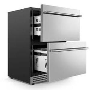 lot 14 image: Nipus 23.4 in. 230 Plus Cans Dual Zone Beverage Refrigerator with 2-Drawers in Silver Stainless Steel Built-in Beverage Cooler  Customer Returns See Pictures