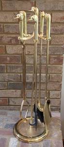 lot 60A image: Vintage Brass Duck Handle Fireplace Tool Set