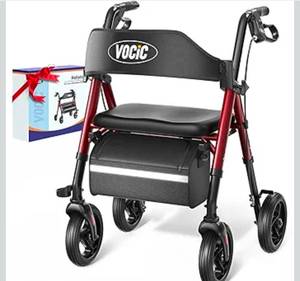 lot 212 image: Rollator Walker Red Foldable Walker with Seat 8 Big Wheels 350lb Weight Limit $89.95 Retail - Brand New