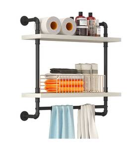 lot 228 image: 24 Industrial Pipe Shelving with Towel Bar Rustic Wood $49.99 Retail - Brand New