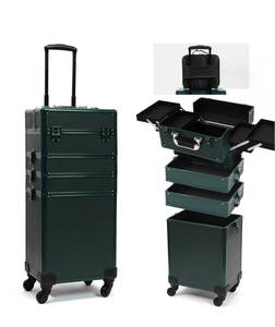 lot 242 image: ChuangJin Particle Rolling Makeup Train Case Professional Cosmetic Trolley with Swivel Wheels Green $119.97 Retail - Brand New