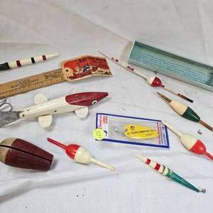 lot 105 image: Bruell RedWhite Spearing Decoy and Collection of Bobbers