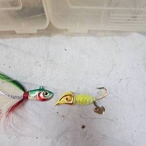 lot 203A image: Rumble Bee 34 oz Spinner LUre and Bucktail and two Tackle Boxes
