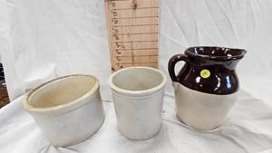 lot 248 image: 2 Small Crocks and Two Tone Crock Pitcher, No Marks
