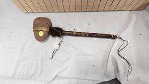 lot 232 image: Native American Prehistoric type Stone Tomahawk with Fur and Leather Detail