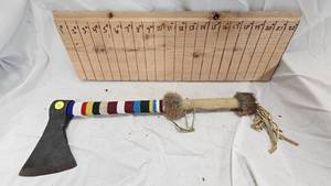 lot 231 image: Native American Tomahawk with Real Fur, Beading Detail and Fringes, Beautiful Piece-