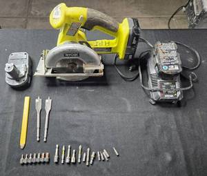 lot 19 image: Ryobi 18V Circular Saw with Battery, Charger, Drill Bits and Accessories