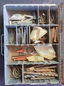 lot 25 image: Assorted Hardware Set in Metal Organizer Box - Screws, Drill Bits, Fasteners