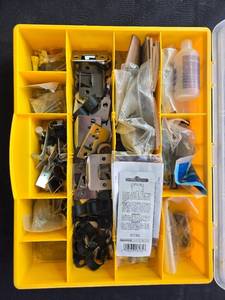 lot 27 image: Assorted Hardware Organizer Box with Brackets, Screws, Clamps, and Fasteners