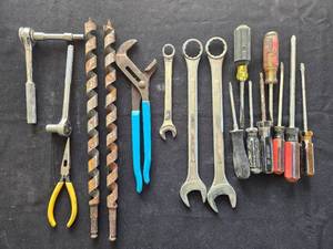 lot 34 image: Mixed Lot of Hand Tools Including Screwdrivers, Wrenches, Drill Bits, and Pliers