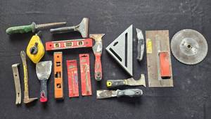 lot 36 image: Collection of Hand Tools and Accessories Including Levels, Scrapers, and Utility Knives