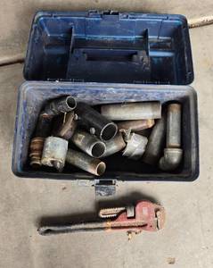 lot 83 image: Assorted Pipe Fittings and Used Pipe Wrench in Toolbox
