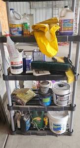 lot 99 image: Garage Utility Shelf with Cleaners, Paints and Tools - content quantities unknown