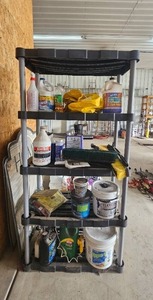 lot 100 image: 5-Tier Plastic Utility Shelf with Cleaning and Maintenance Supplies, 73 x 36 x 17 in