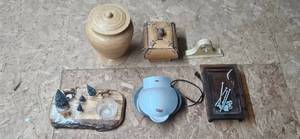 lot 106 image: Mixed Lot Wooden Canister, Decorative Clock, Wooden Trinket Box, GT Xpress 101, and Assorted Decor Pieces