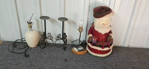 lot 110 image: Group of Decorative Table Lamps, Wrought Iron Candle Holders, and Santa Claus Decor