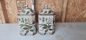 lot 123 image: Pair of Raymond Waites Floral Ceramic Canisters with Lids